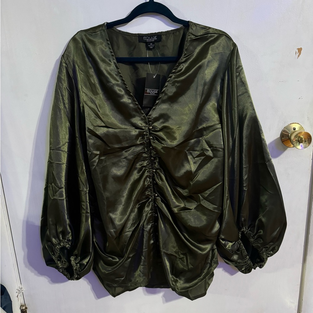 Silky Hunter Green Gathered Button Front Blouse Plus Sized BRAND NEW 2X